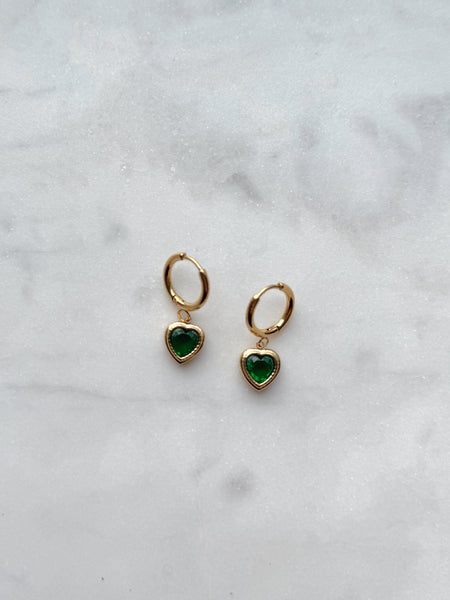 Heart Hoop Earrings with Green Crystal - Gold