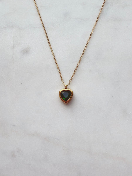 Heart Necklace with Green Crystal - Gold