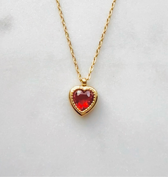 Heart Necklace with Red Crystal - Gold