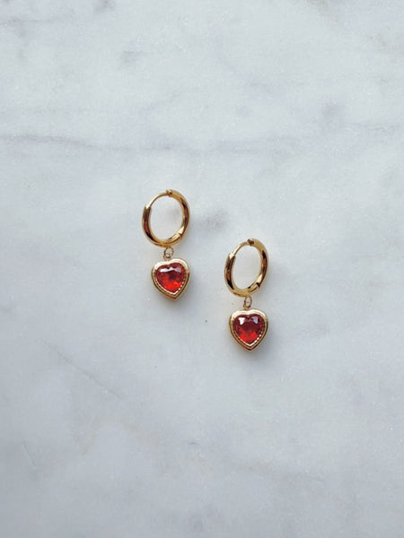 Heart Hoop Earrings with Red Crystal - Gold