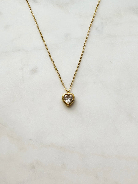 Heart Necklace with Clear Crystal - Gold