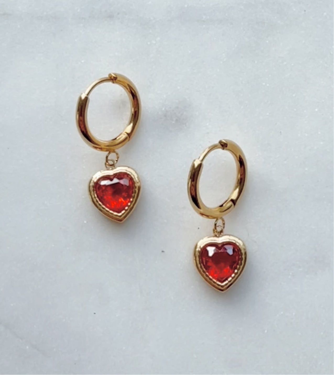 Heart Hoop Earrings with Red Crystal - Gold