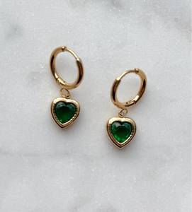 Heart Hoop Earrings with Green Crystal - Gold