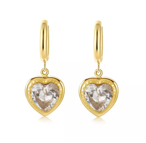 Heart Hoop Earrings with Clear Crystal - Gold